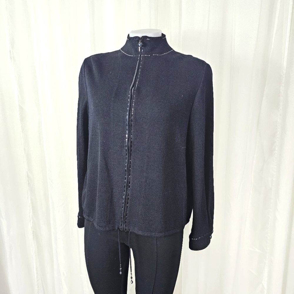 St. John Sport black Santana knit zip up sweater sequin and bead trim Small